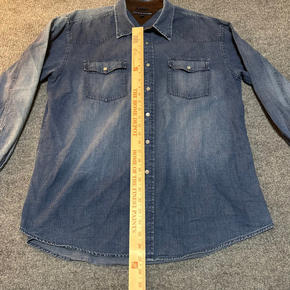Tommy Hilfiger Mens XL Denim Western Snap Shirt Blue Faded Corduroy Collar - Picture 6 of 6
